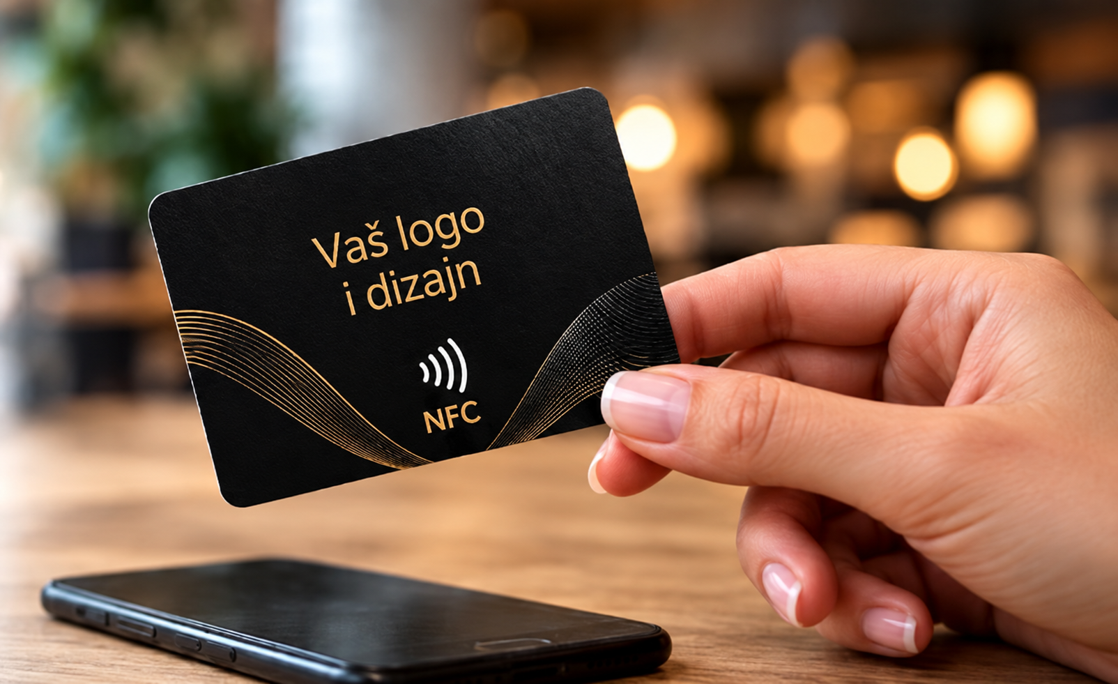 Crna NFC biznis kartica sa logotipom i telefon za otvaranje digitalnog sadržaja